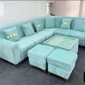 Luxurious Aqua Blue Velvet L-Shape Sectional Sofa Set with Center Table & 2 Ottoman Poufs