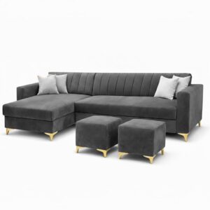 Modern Dark Grey L-Shape Velvet Sofa Set with Golden Legs and Ottomans