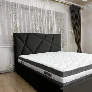 Modern Geometric Upholstered Bed with Black Padded Headboard